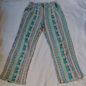 En Creme Teal and Beige Patterned Wide Leg Pants, Small